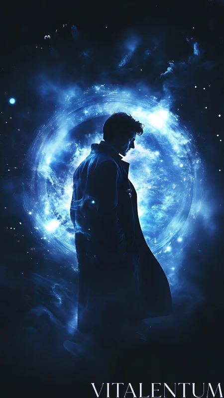 Midnight wanderer drifting before a cosmic blue portal.