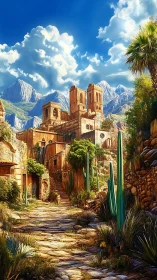 Desert hillside village ruins with cacti and mountains.