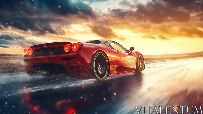 Red sports car on wet track under dramatic sunset sky.