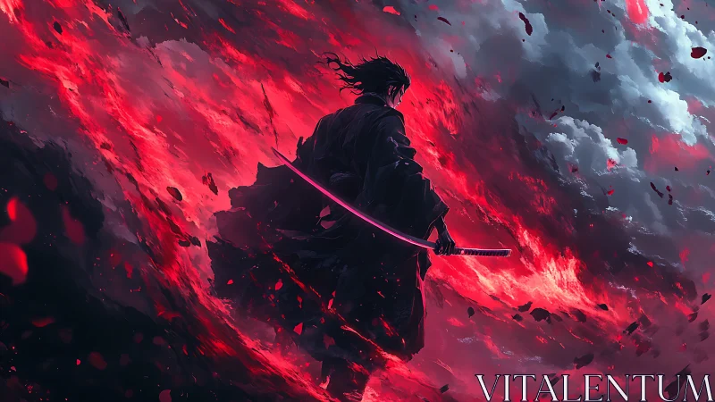 Solitary katana warrior amid crimson storm vortex sky