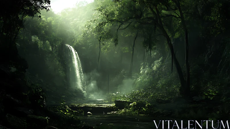Waterfall cascades through dense tropical forest with filtered light