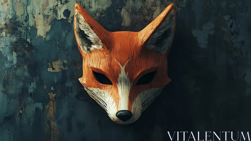 Weathered fox mask brooding against cracked midnight wall.