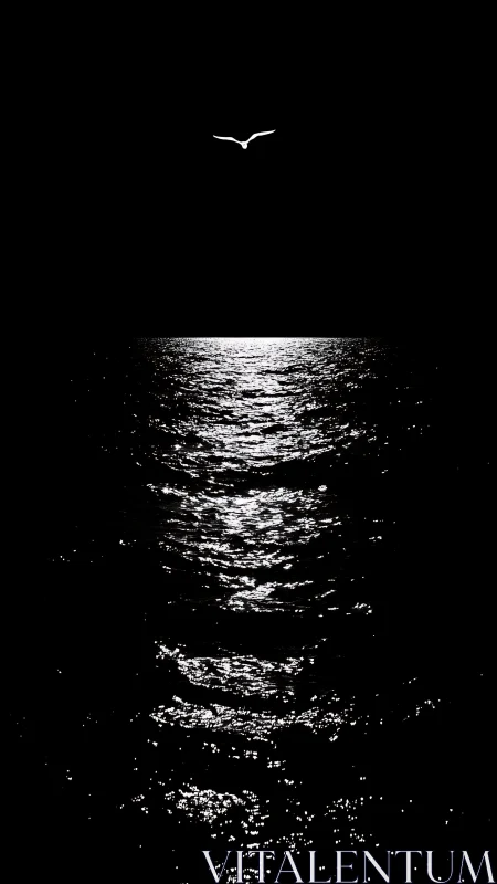 Solitary seabird above moonlit rippling ocean surface.