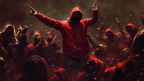 Hooded masked crowd in red jackets under dark smoky light.