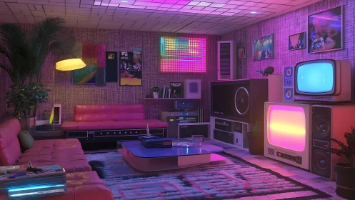 Retro living room interior with neon lighting and electronics.