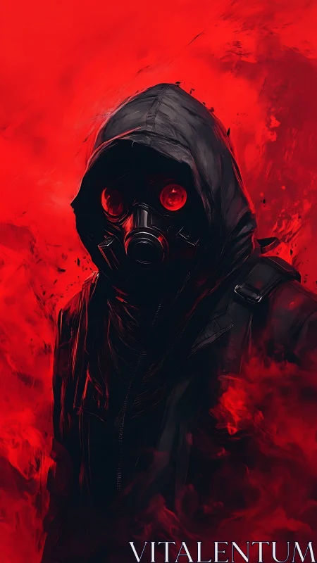 Hooded gas mask figure amid swirling crimson smoke.