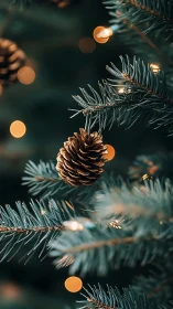 Shallow-focus pinecone ornament on illuminated evergreen boughs.