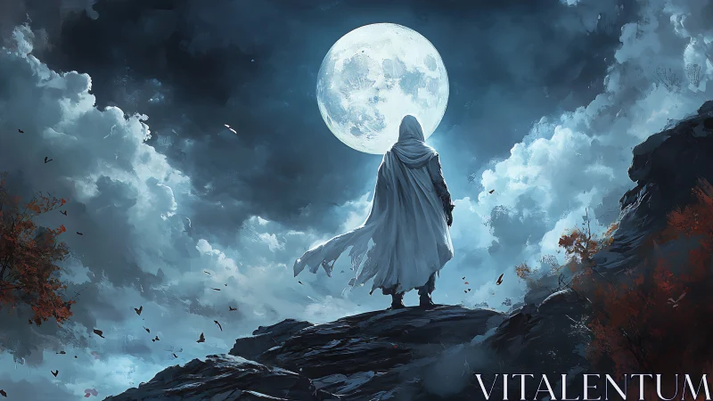 Lunar backlit cloaked figure on jagged escarpment at night.