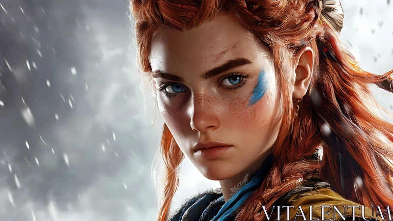 Red haired female warrior portrait in snowy setting.