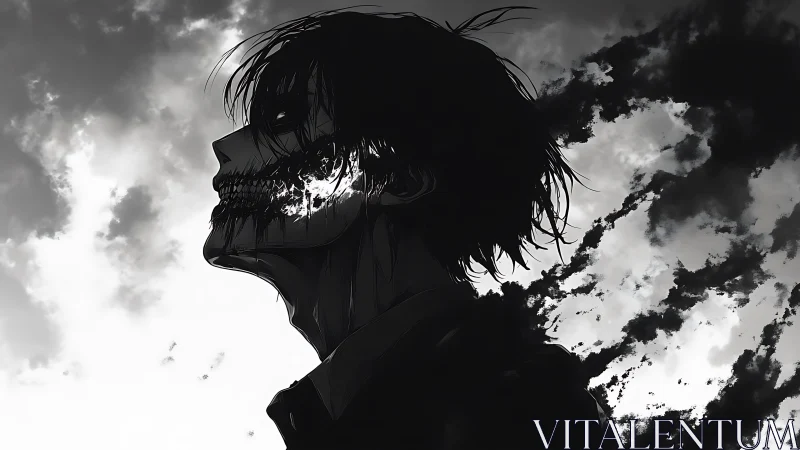 Silhouetted skeletal figure against turbulent clouded sky.