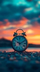 Old seashore alarm clock quietly negotiates with sunset time