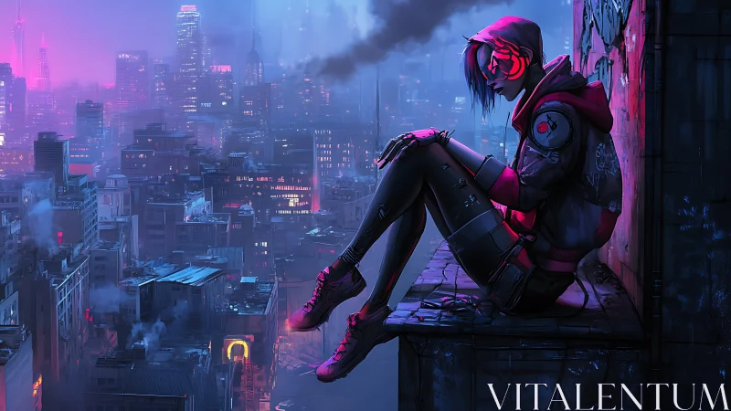 Solitary cyberpunk girl broods above neon-drenched city