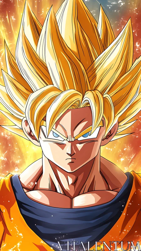 Anime warrior with golden spiked hair amid fiery aura.