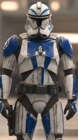 Clone trooper armor with blue markings in frontal view.