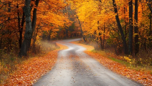 Curving forest road winds through glowing autumn foliage.