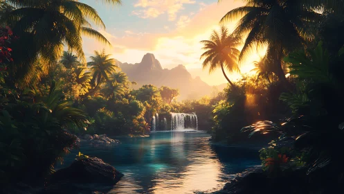 Golden tropical waterfall lagoon glowing at peaceful sunset.