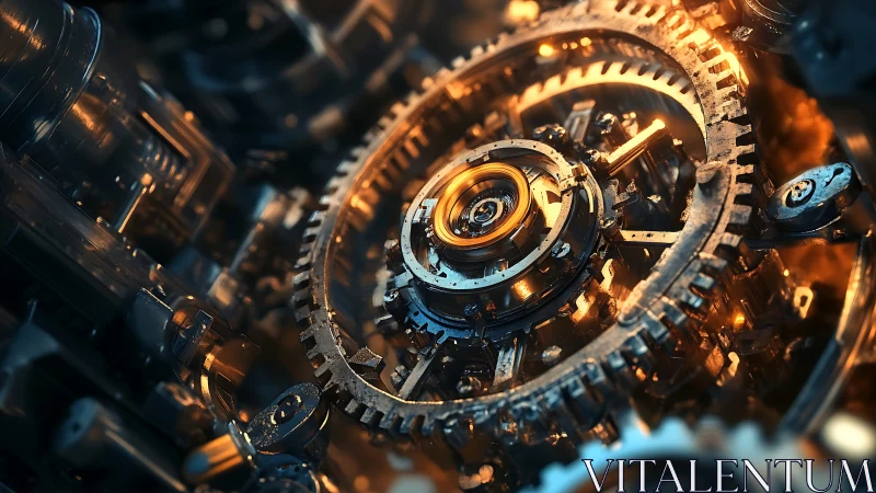 Gleaming clockwork heart amid glowing mechanical wonders.