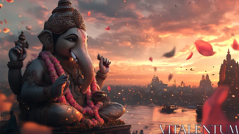 Lord Ganesha statue overlooks sacred river at glowing sunset.
