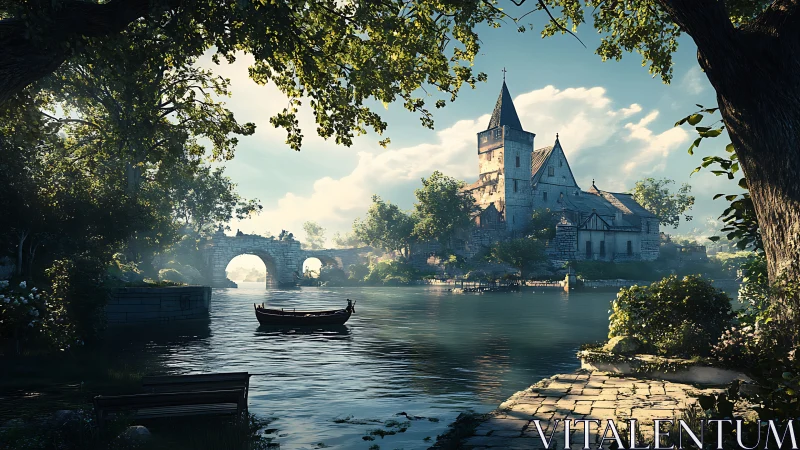 Medieval Castle by Arched Stone Bridge on Tranquil River.