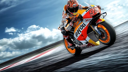 High-lean MotoGP apex capture with dynamic motion rendering.
