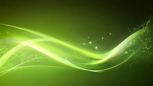 Abstract green light waves with glowing particles on dark background.