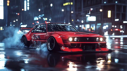 Rain-soaked drift-tuned coupé executing urban power slide.