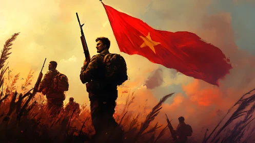 Soldiers carrying rifles under large red flag at sunset.