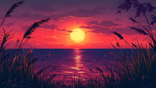 Vivid digital sunset over calm sea framed by tall reeds.