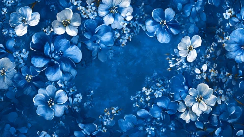 Blue and White Floral Composition Against Deep Azure Background.