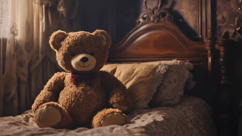 Soft teddy bear rests quietly on a nostalgic vintage bed