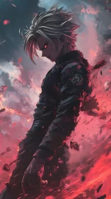 Anime warrior stands in firelit storm with glowing red eyes