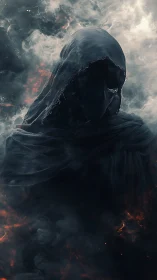 Hooded skeletal figure stands in swirling smoke and embers