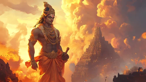 Mythic warrior in ornate armor before sunlit stepped temple clouds