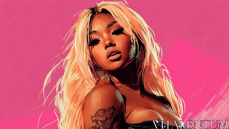 Digital portrait of blonde woman against vivid pink backdrop.