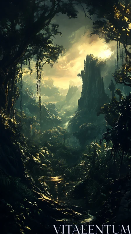 Luminescent Canyon Portal Between Rocky Spires