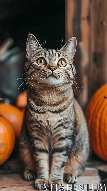 Tabby Cat with Golden Eyes Among Pumpkins