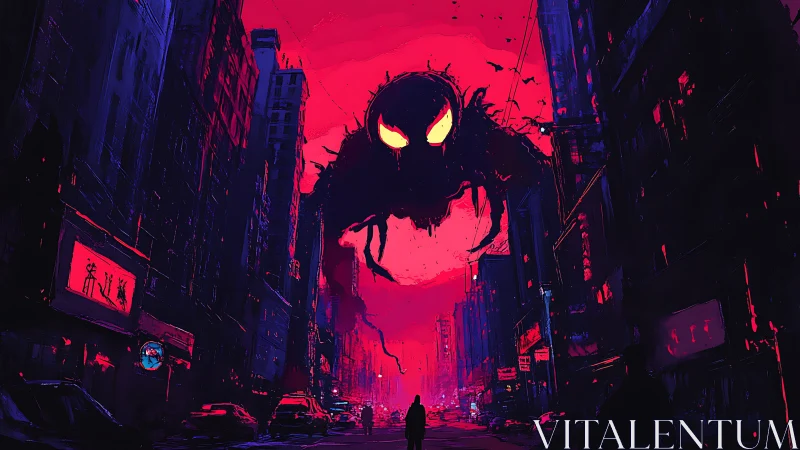 Neon city street under looming glowing eyed shadow beast.