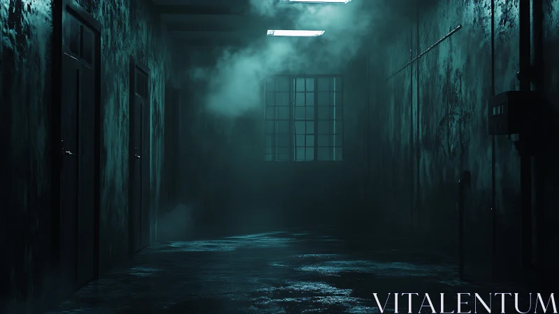 Moody industrial hallway with mist and harsh teal light.