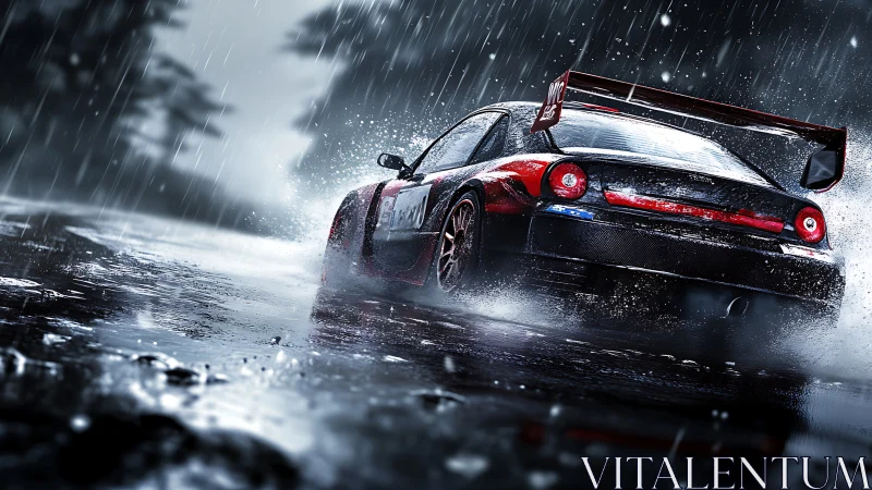 Racing car drifting on wet track under heavy rainfall.