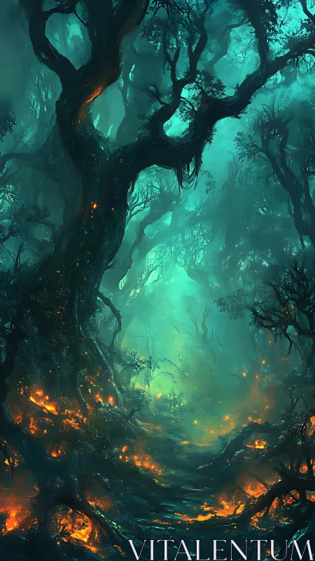 Dense forest path shows teal mist and localized ground fires