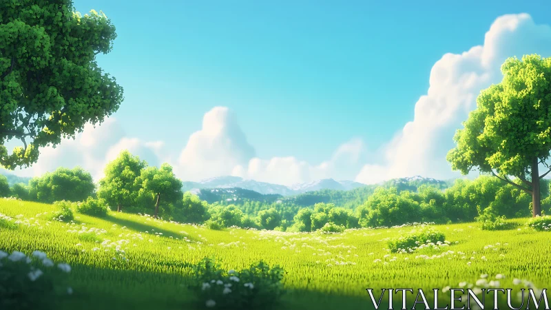 Sunlit green meadow with trees under clear blue sky.