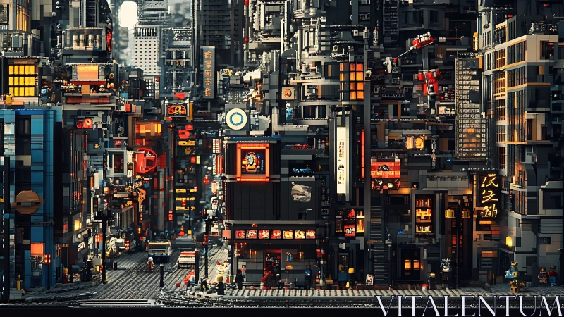 Dense LEGO cyberpunk city glows with layered neon detail