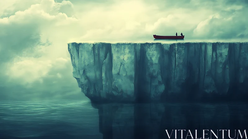 Red canoe on sheer sea cliff above reflective still water