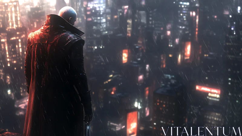 Lone chrome sentinel studies neon rain over sleepless city