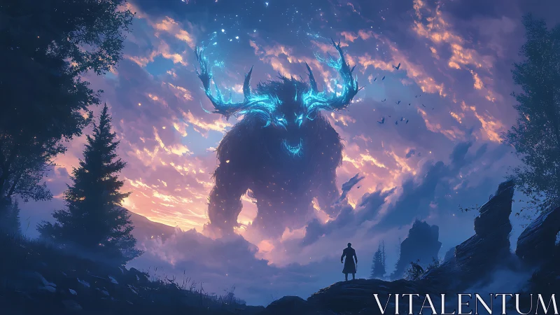 Colossal blue spirit stag confronts lone wanderer at dusk