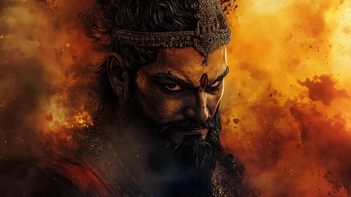 Fierce warrior king emerges from blazing golden storm