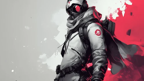 Futuristic tactical soldier stands against red abstract backdrop