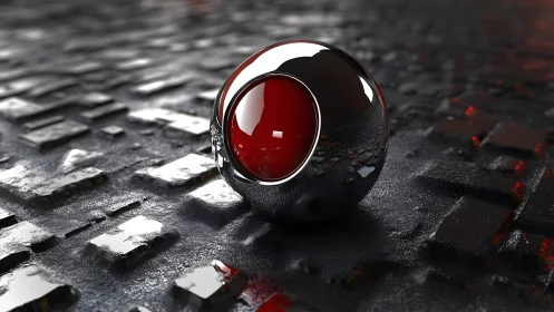 Reflective metallic sphere on textured dark grid surface.