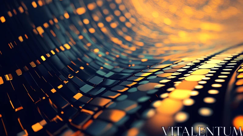 Abstract digital wave with glowing orange and black mosaic pattern.