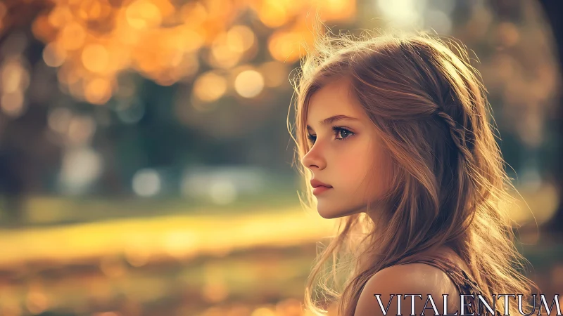 Autumn light crowns a pensive girl in golden forest hush.